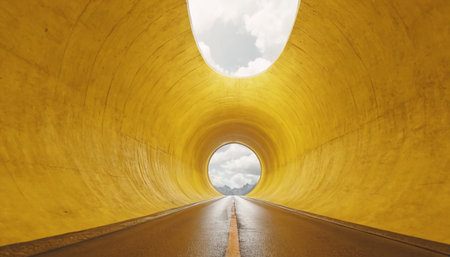 Tunnel in the middle of the road with sky and cloudsの素材