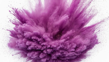 Purple powder explosion on white background. Abstract design of dust cloud.の素材
