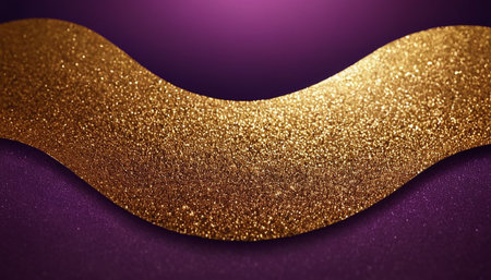Glittering golden ribbon on purple background. Festive decoration.の素材