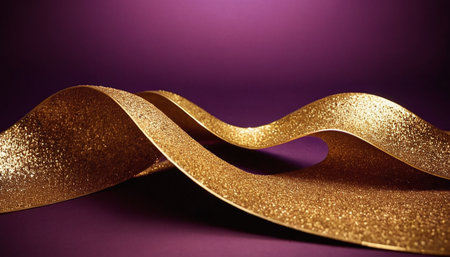 golden ribbon on purple background - close up of shiny golden ribbonの素材