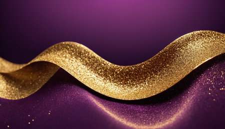 Golden ribbon on purple background. Festive concept. 3D Renderingの素材