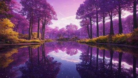 Purple forest with reflection of trees in the lake. Beautiful nature background.の素材
