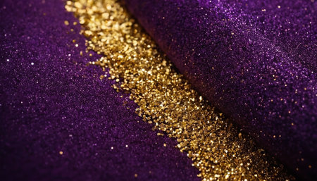 Purple and gold glitter on a purple background. Close-up.の素材