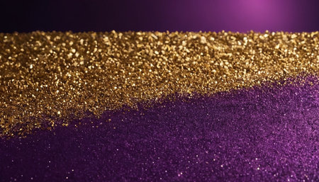 Purple and gold glitter background with bokeh defocused lightsの素材