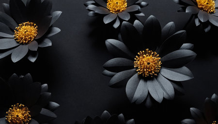 Black paper flowers on black background. Flat lay, top view, copy spaceの素材