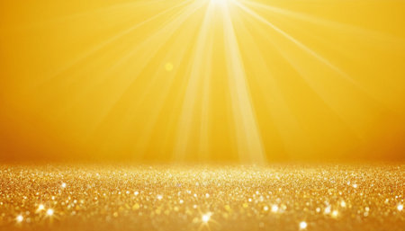Gold glitter background. Festive abstract background with bokeh defocused lights and starsの素材