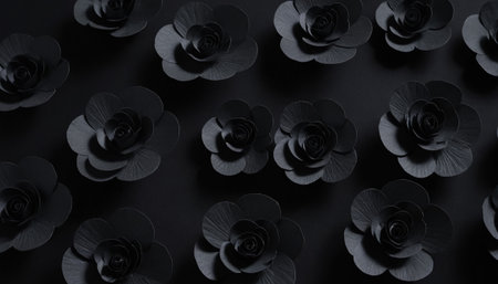 Black paper flowers on black background. Flat lay, top view.の素材