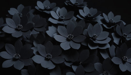 Beautiful black flowers on a black background. Black and white photo.の素材