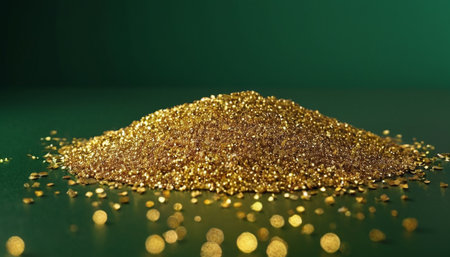 Pile of golden glittering sequins on green background, close upの素材