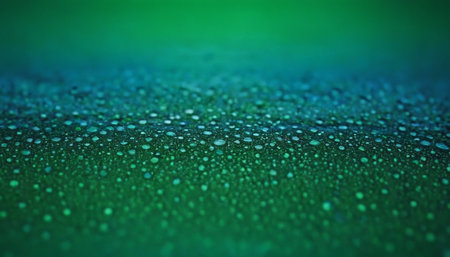 Raindrops on green background. Water drops on green background with copy spaceの素材