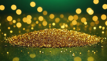 Golden glitter on a green background. Christmas and New Year background.の素材