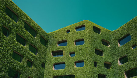 Modern building with green wall and blue sky. 3d rendering.の素材