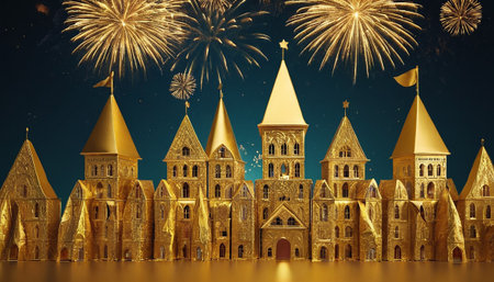 3D illustration of a golden castle with fireworks in the night skyの素材