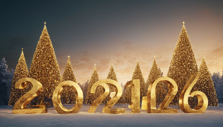 Happy New Year 2016. Golden numbers 2016 and Christmas trees in the winter forest.の素材