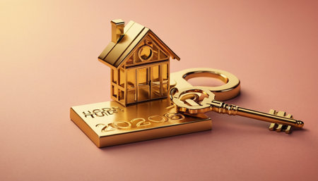 House key with golden keyring. Real estate concept. 3D renderingの素材