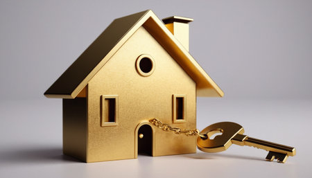 Golden house with key on a white background. Real estate concept.の素材