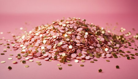 pile of glitter confetti on pink background with copy space.の素材