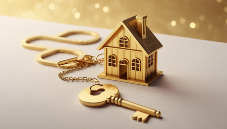 House with key chain. Real estate concept. 3D illustration.の素材