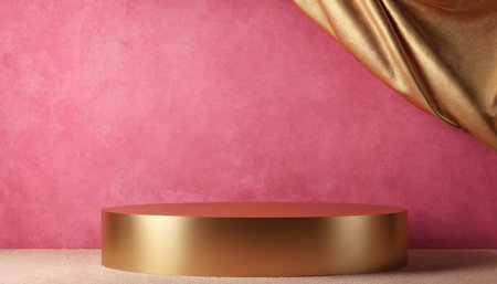 Golden podium on pink background. 3D rendering. Mock up.の素材