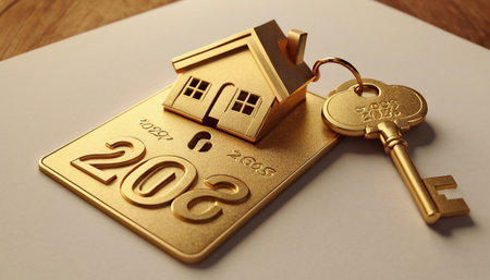 Gold key with house shape and keychain on paper background. Real estate conceptの素材