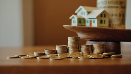 House model and coins on the table, saving money for buy a houseの素材