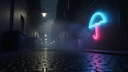 Foggy night city street with glowing neon sign. 3D renderingの素材