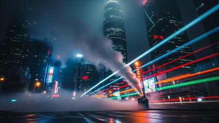 the light trails on the modern building background in shanghai china.の素材