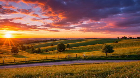 Sunset over the meadows in the countryside of Bavaria, Germanyの素材