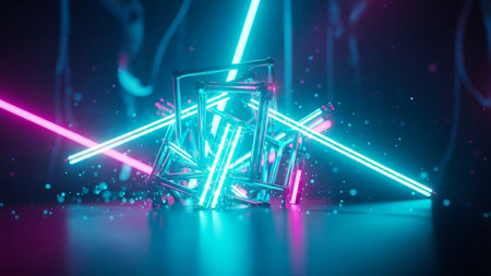 3d render, abstract background with neon light lines, geometric shapesの素材