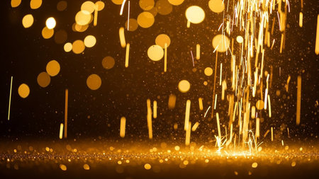 golden sparks and glitter bokeh defocused lights abstract backgroundの素材
