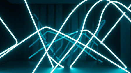 Neon light lines on dark background. 3D rendering, 3D illustration.の素材