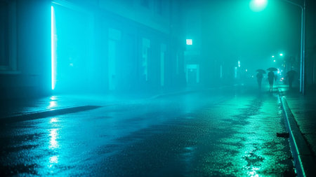 Silhouettes of people walking in a foggy street at nightの素材