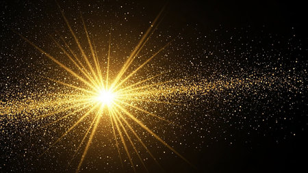 Abstract gold star with lens flare and bokeh effect on black backgroundの素材