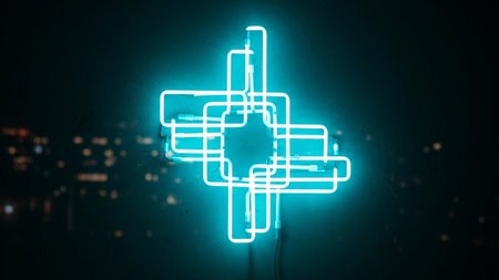 Glowing neon medical cross icon on dark background. 3D renderingの素材