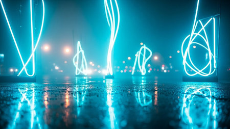 Neon light on the street. Futuristic night scene. 3D renderingの素材