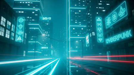 Futuristic neon city with high speed motion blur. 3D renderingの素材