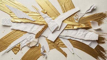 Paper craft for scrapbooking on a background of gold paint.の素材