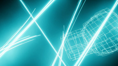 Abstract blue background with neon lines and grid, 3d render illustrationの素材
