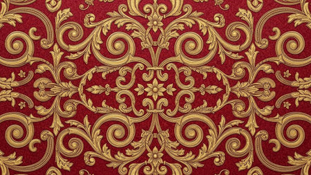 Seamless pattern with gold floral ornament on a red background.の素材