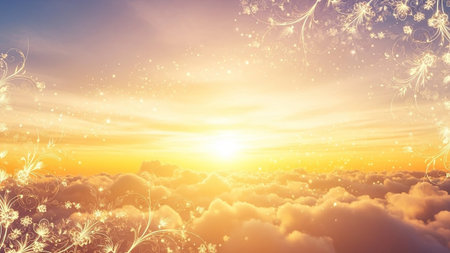 Beautiful sunrise above the clouds with snowflakes. 3d illustrationの素材