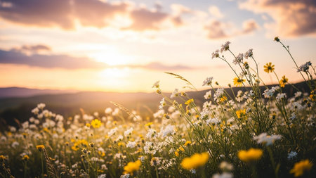 Meadow with daisies and wildflowers at sunsetの素材