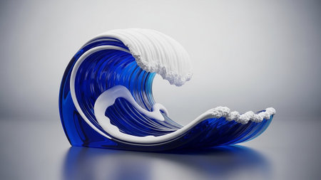 3D render of a blue ocean wave on a white background.の素材