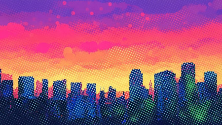 Cityscape with modern skyscrapers at sunset. Vector illustration.の素材
