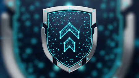 Cyber security concept. Shield with arrows on blue background 3D renderingの素材