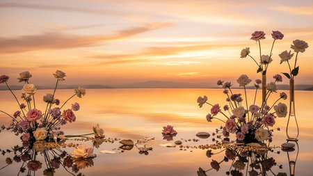 beautiful flower on the lake in the morning with beautiful sky backgroundの素材