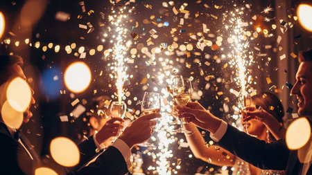 Group of friends clinking glasses of champagne and celebrating New Year.の素材