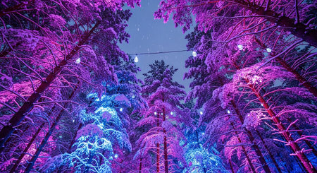 Frozen forest with snow covered trees at night. Winter landscape.の素材