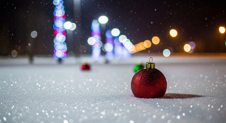 Christmas ball on snow with bokeh background. New Year and Christmas concept.の素材