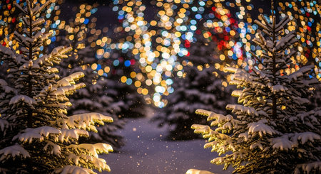 Christmas background with fir trees covered with snow and bokeh lightsの素材
