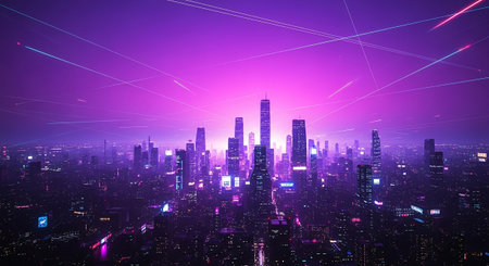 Futuristic cityscape with neon lights. 3D Renderingの素材